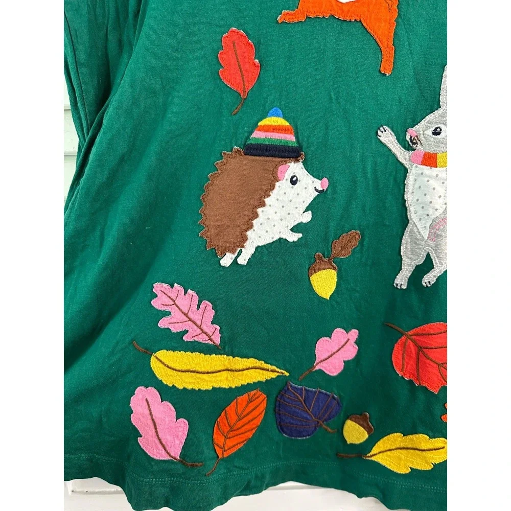 Mini Boden Size 7-8 Green Fall Autumn Forest Animals Applique Long Sleeve Dress